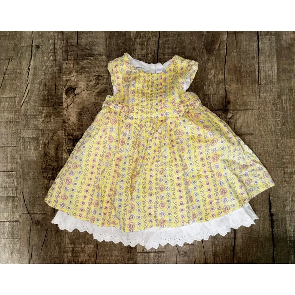 Greendog Yellow Floral Butterfly Cotton Dress Eyelet Lace Trim Baby Girl 12M